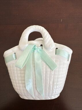 White Ceramic Tote Bag Decor with Mint Ribbon